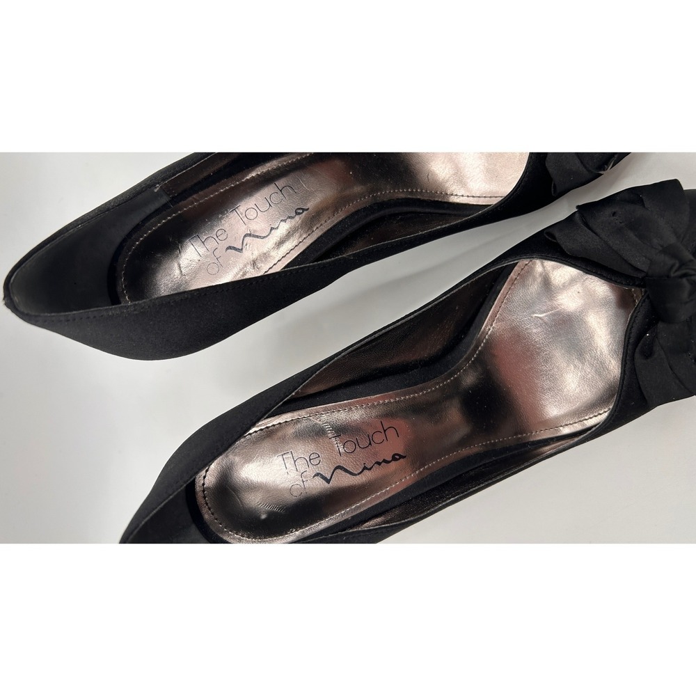 The Touch of Nina Black Satin Bow Peep Toe Heels Women's Size 7 Pumps Coquette - Picture 3 of 9